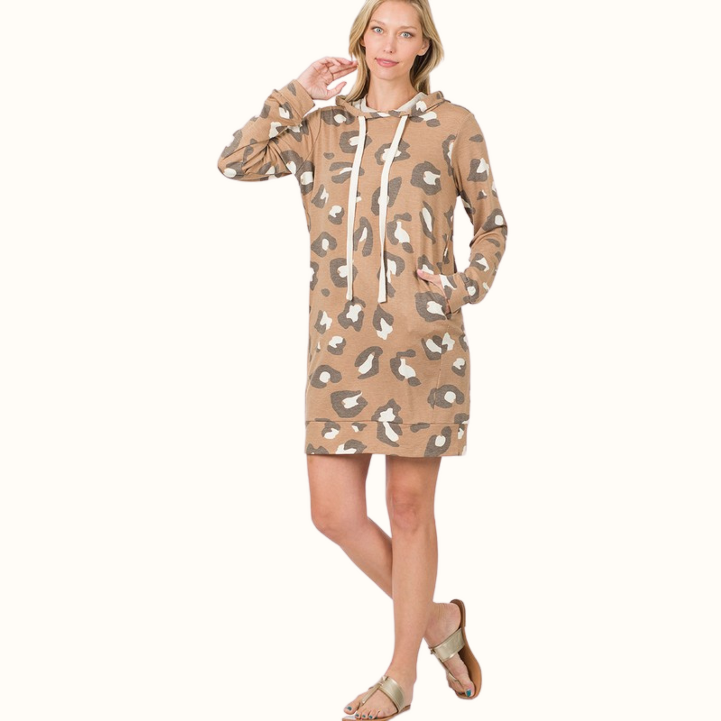 Taupe and Pink Leopard Hooded Dress