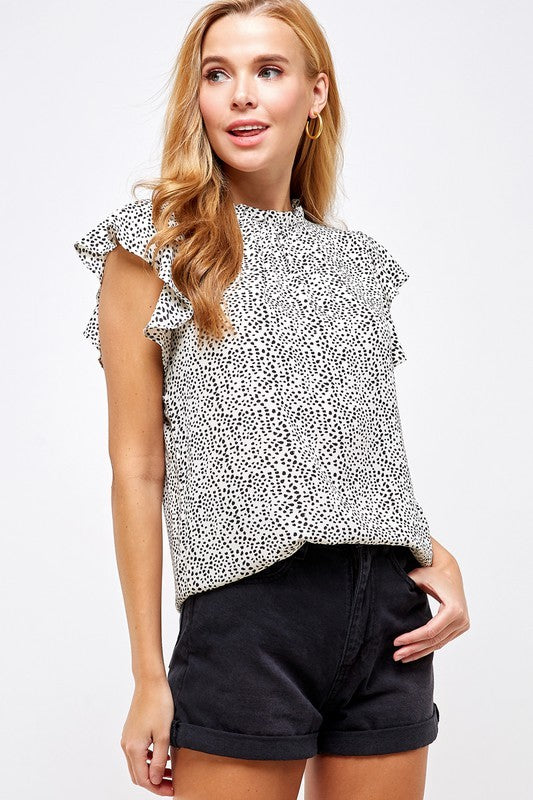 Ruffled Sleeve Speckled Print Blouse