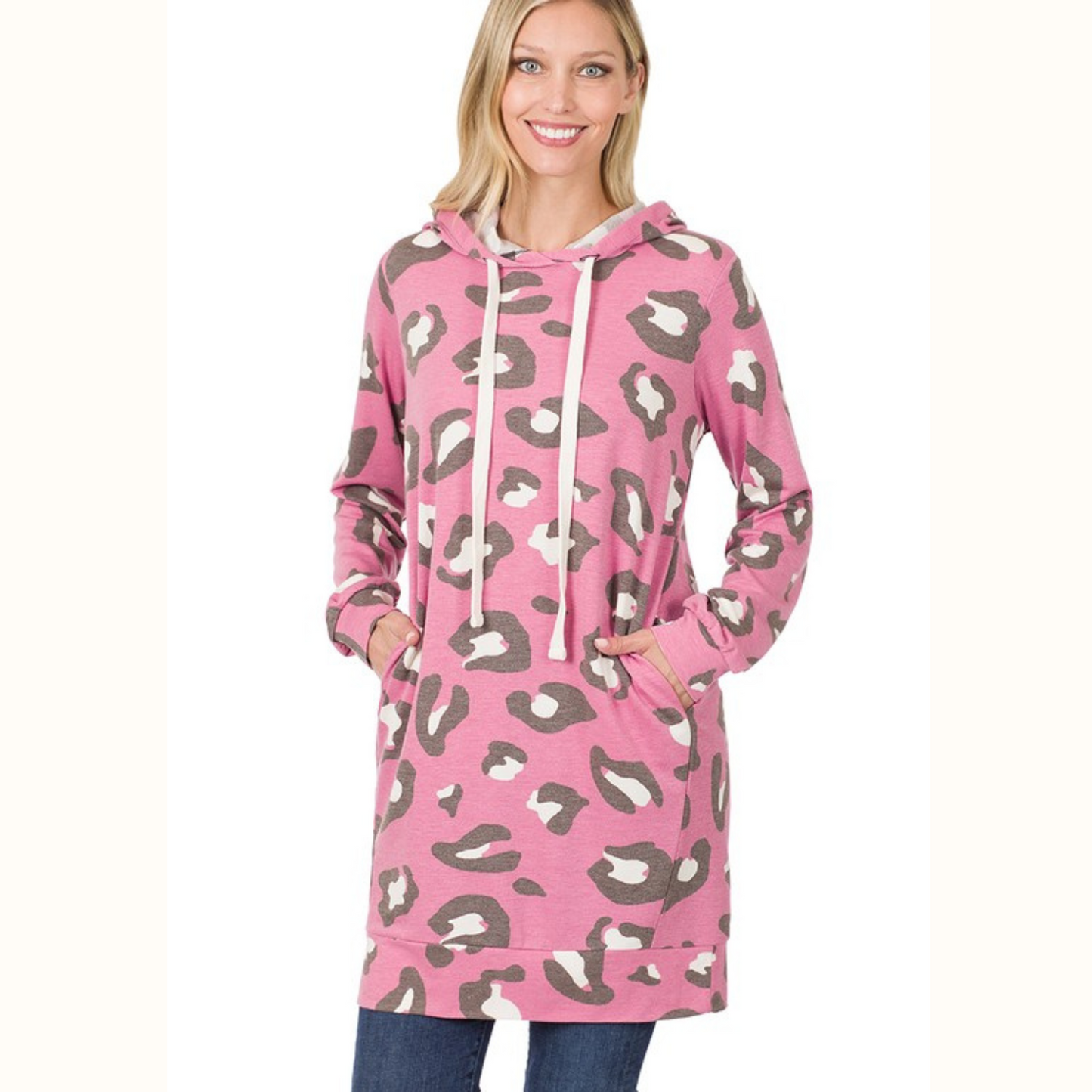 Taupe and Pink Leopard Hooded Dress