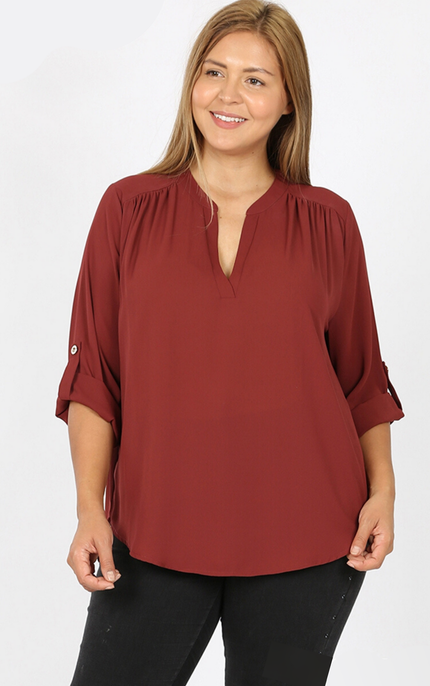 Henley V-Neck Blouse with Roll Up Sleeves