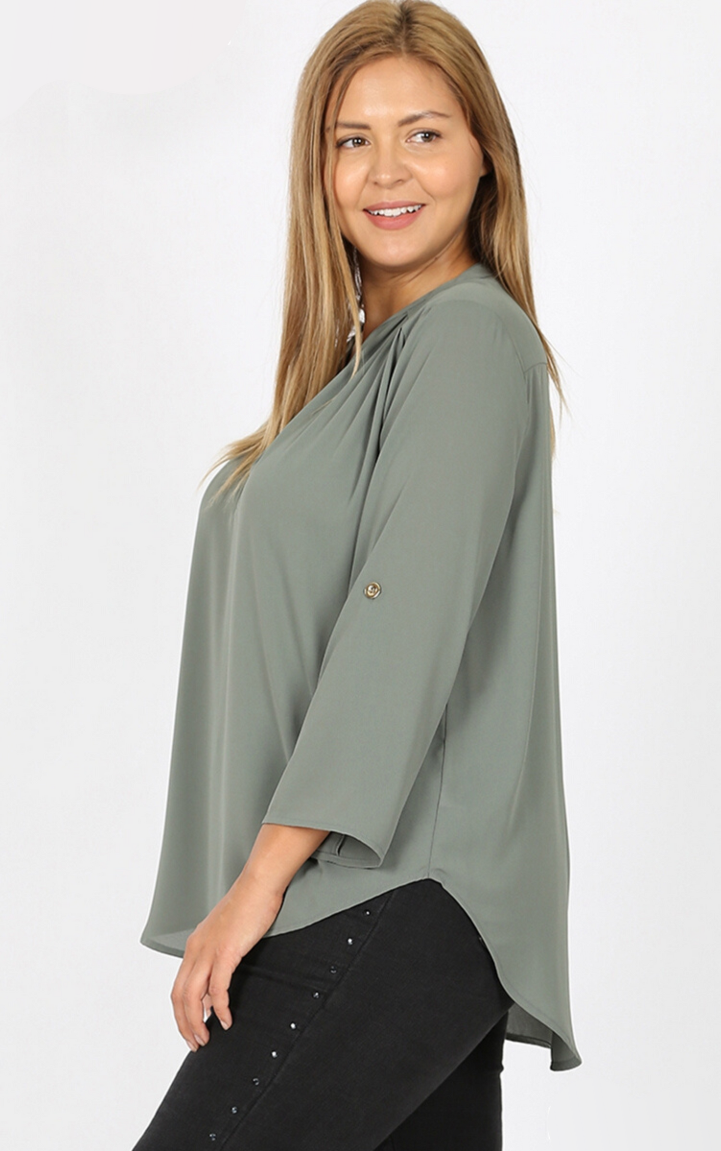 Henley V-Neck Blouse with Roll Up Sleeves