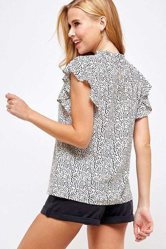 Ruffled Sleeve Speckled Print Blouse