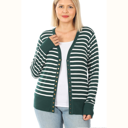 Striped Button Cardigan Plus