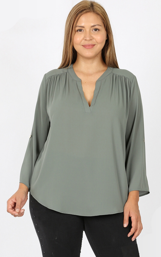 Henley V-Neck Blouse with Roll Up Sleeves