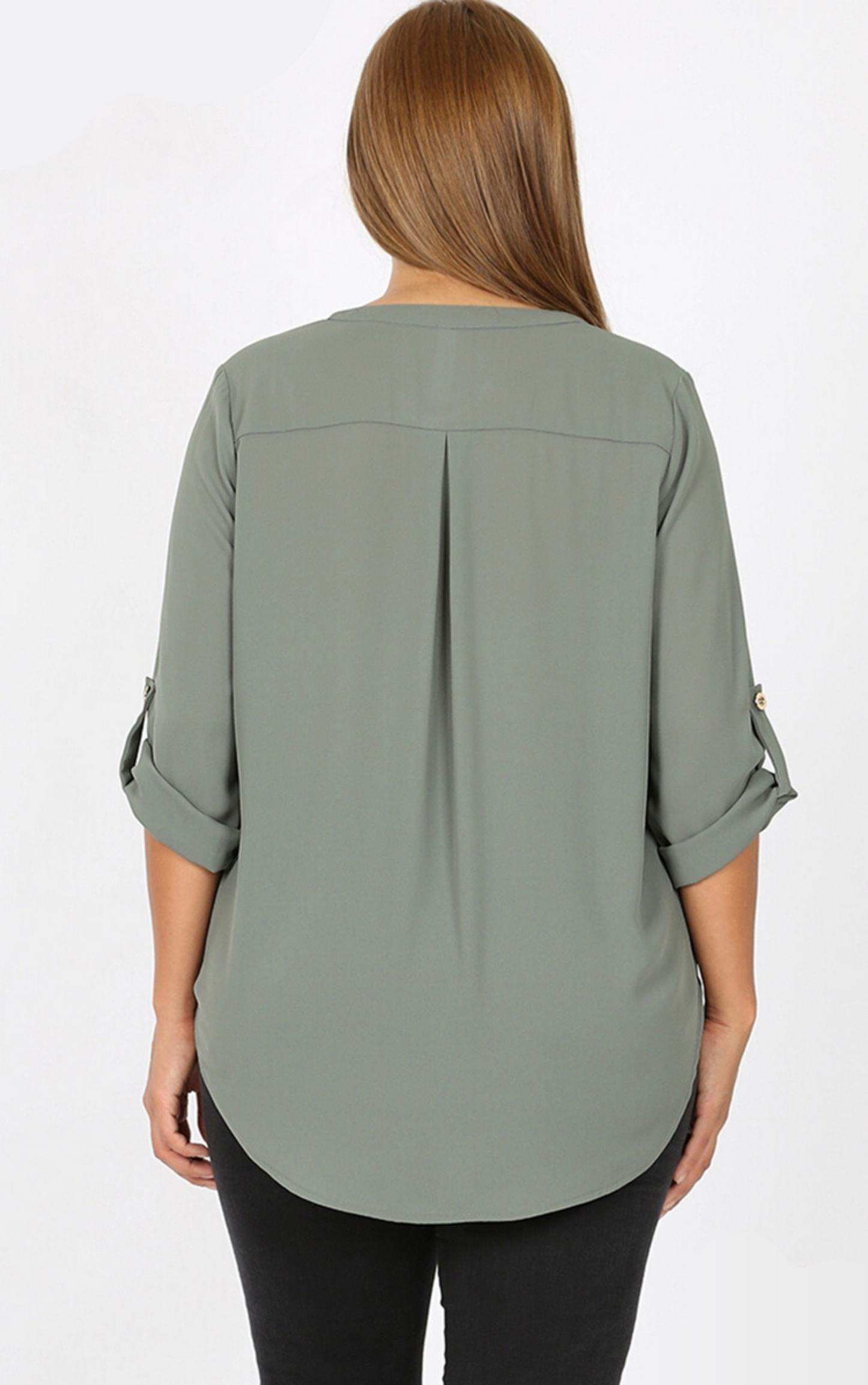 Henley V-Neck Blouse with Roll Up Sleeves