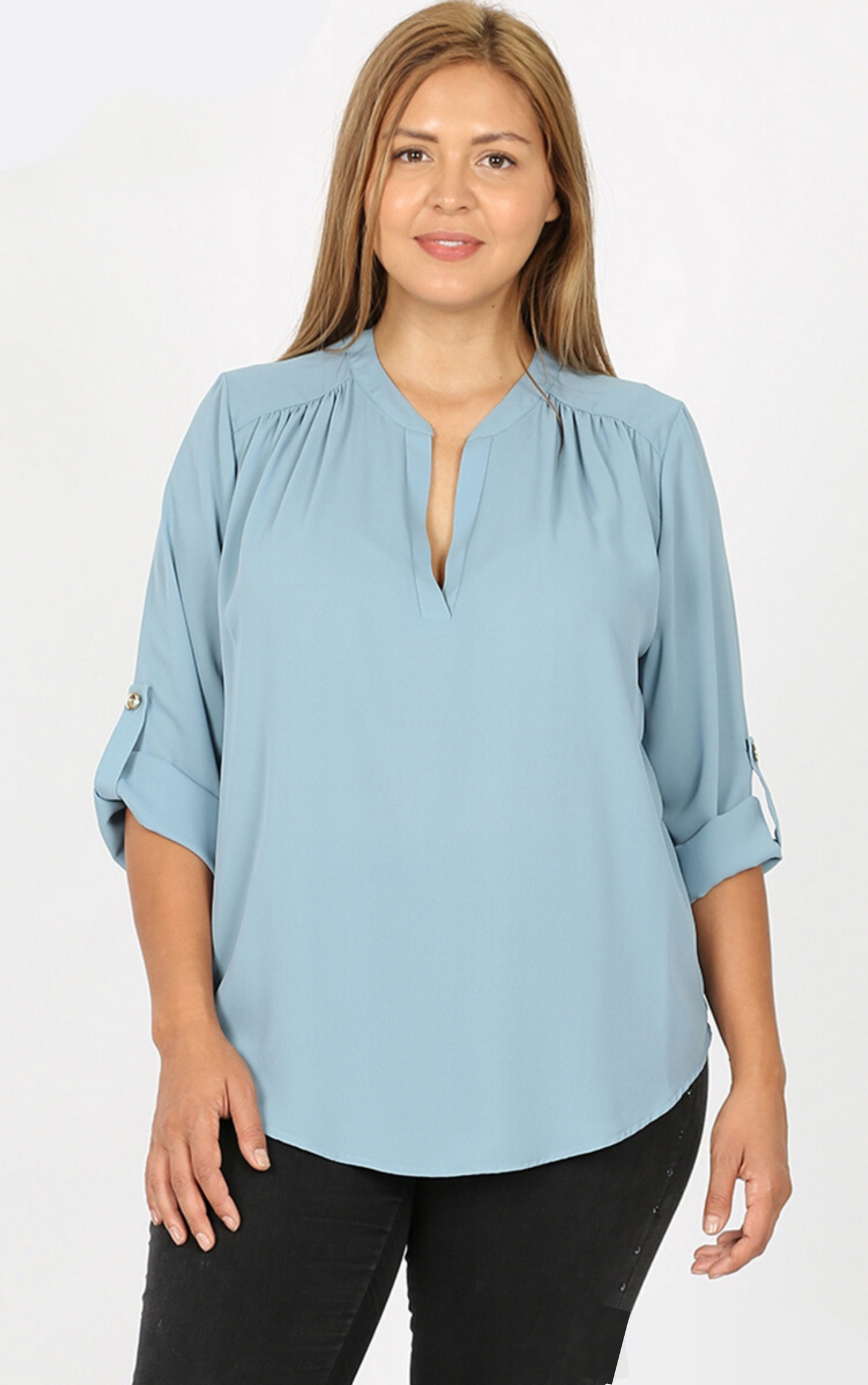 Henley V-Neck Blouse with Roll Up Sleeves